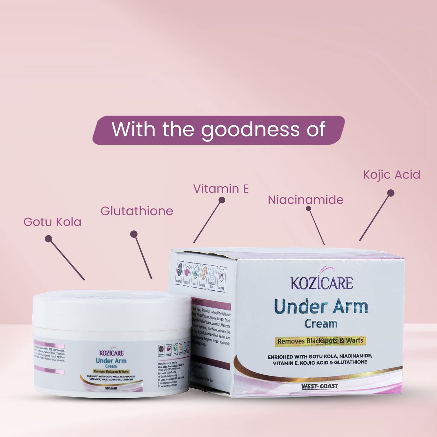 Kozicare Under Arm Cream with 1% Gotu Kola,0.01% Glutathione, 1% Niacinamide,0.01% Kojic Acid For Remove Black Spots & Warts - 50gm (Pack of 10)