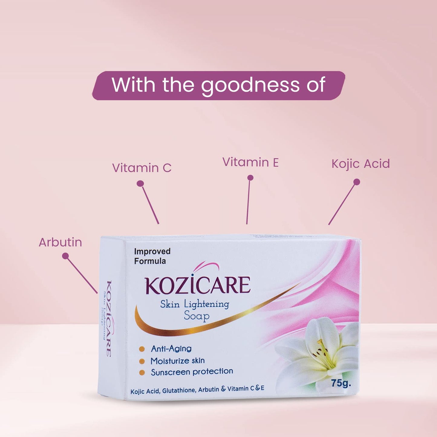 Kozicare Skin Lightening Soap - 75gm (Pack of 12) | Sun Screen Protection | Contains Goodness Of 0.50% Kojic Acid, 0.50% Arbutin, 0.50% Vitamin C, 0.50% Vitamin E, 0.30% Glutathione