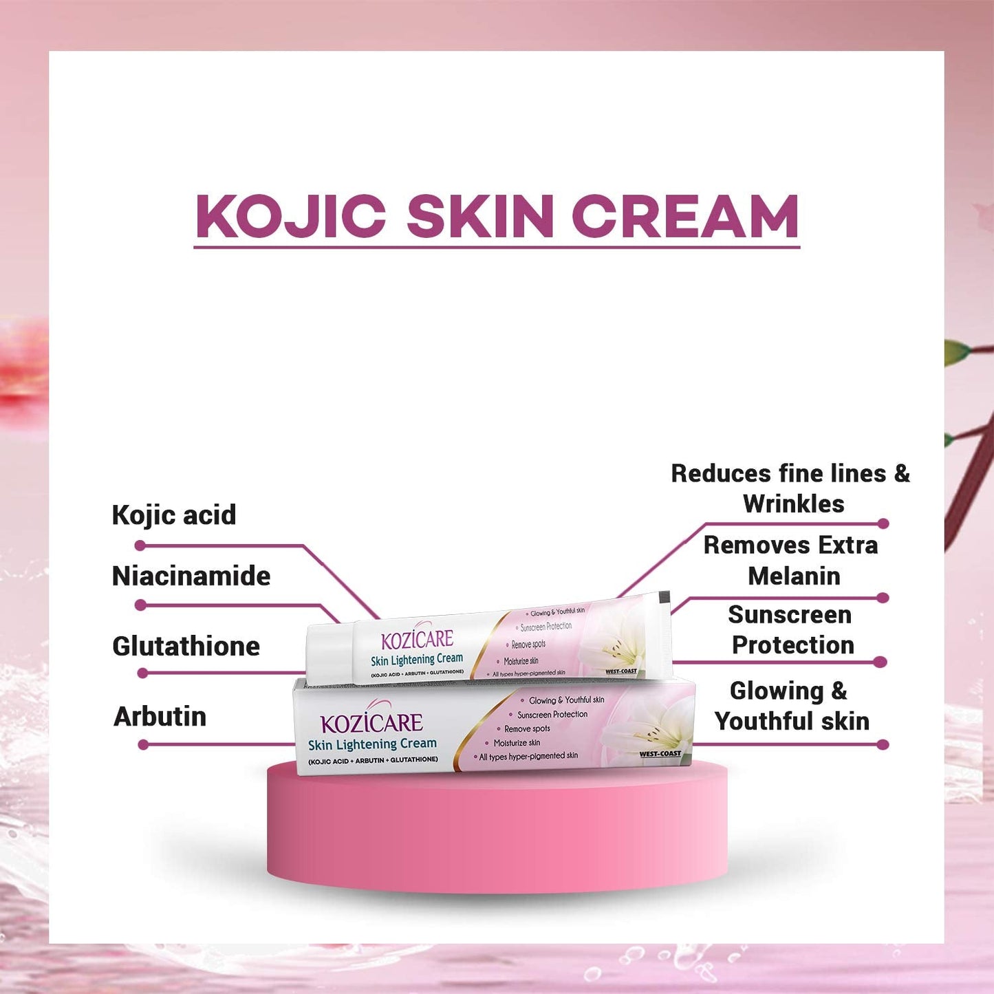 Kozicare Kojic Acid Skin Lightening/Brightening Combo Pack (Soap + Serum + Cream + Fairness Oil) 4 Count (Pack of 1)