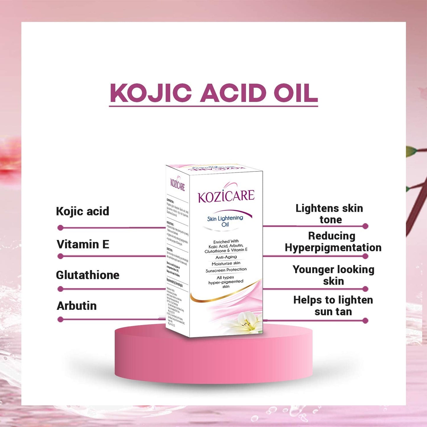 Kozicare Kojic Acid Skin Lightening/Brightening Combo Pack (Soap + Serum + Cream + Fairness Oil) 4 Count (Pack of 1)