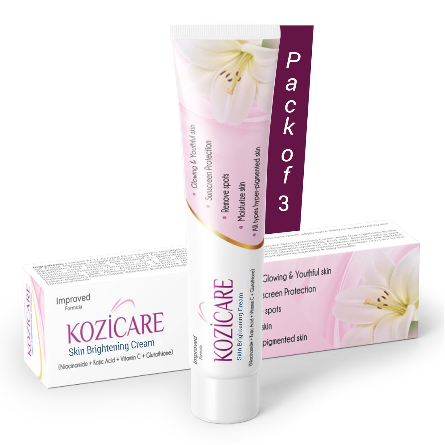 Kozicare Skin Lightening Cream - 15gm (Pack of 3)| Enriched with Kojic Acid, Alpha Arbutin, Glutathione, Niacinamide and Vitamin C | Best for Melasma, Pigmentation, Acne Scars, Dark/Age Spots