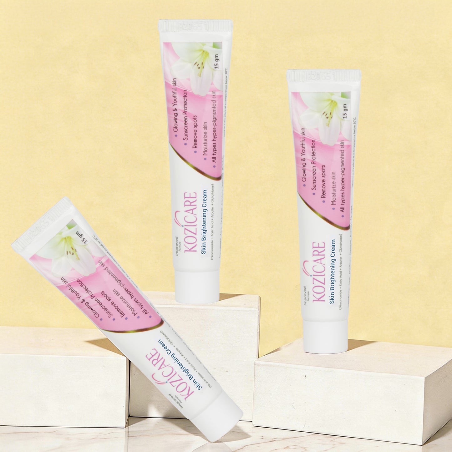 Kozicare Skin Lightening Cream - 15gm (Pack of 3)| Enriched with Kojic Acid, Alpha Arbutin, Glutathione, Niacinamide and Vitamin C | Best for Melasma, Pigmentation, Acne Scars, Dark/Age Spots