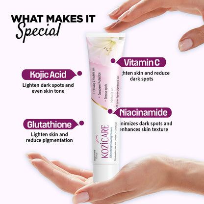 Kozicare Skin Lightening Cream - 15gm (Pack of 3)| Enriched with Kojic Acid, Alpha Arbutin, Glutathione, Niacinamide and Vitamin C | Best for Melasma, Pigmentation, Acne Scars, Dark/Age Spots
