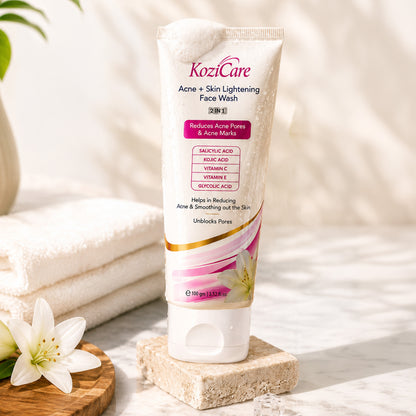 Kozicare Acne + Skin Lightening Face Wash 2 in 1 Enriched with Kojic Acid, 2% Salicylic Acid, Vitamin C & E, Glycolic Acid | Helps in Reducing Acne & Smoothing Out the Skin For All Skin Types– 100ml