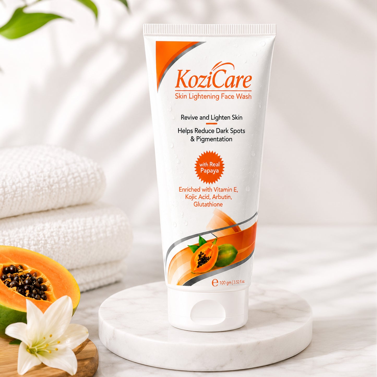 Kozicare Skin Lightening/Brightening Papaya Detan Facewash with Papaya, Kojic Acid, Vitamin E, Glutathione, Lactic Acid, Olive Oil | Reduce Dark Spots, Pigmentation and Oil | All Skin Types - 100ml
