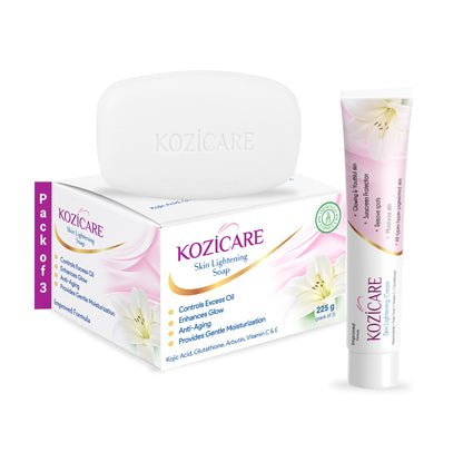 Kozicare Skin Lightening Soap with 0.50% Kojic Acid,0.50% Arbutin, 0.50% Vitamin C, 0.50% Vitamin E, 0.30% Glutathione |Sun screen protection |keeps your skin young and moisturised - 75g (Pack of 9)
