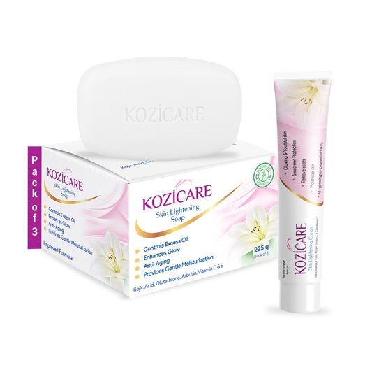 Kozicare Skin Lightening Soap with 0.50% Kojic Acid,0.50% Arbutin, 0.50% Vitamin C, 0.50% Vitamin E, 0.30% Glutathione |Sun screen protection |keeps your skin young and moisturised - 75g (Pack of 9)