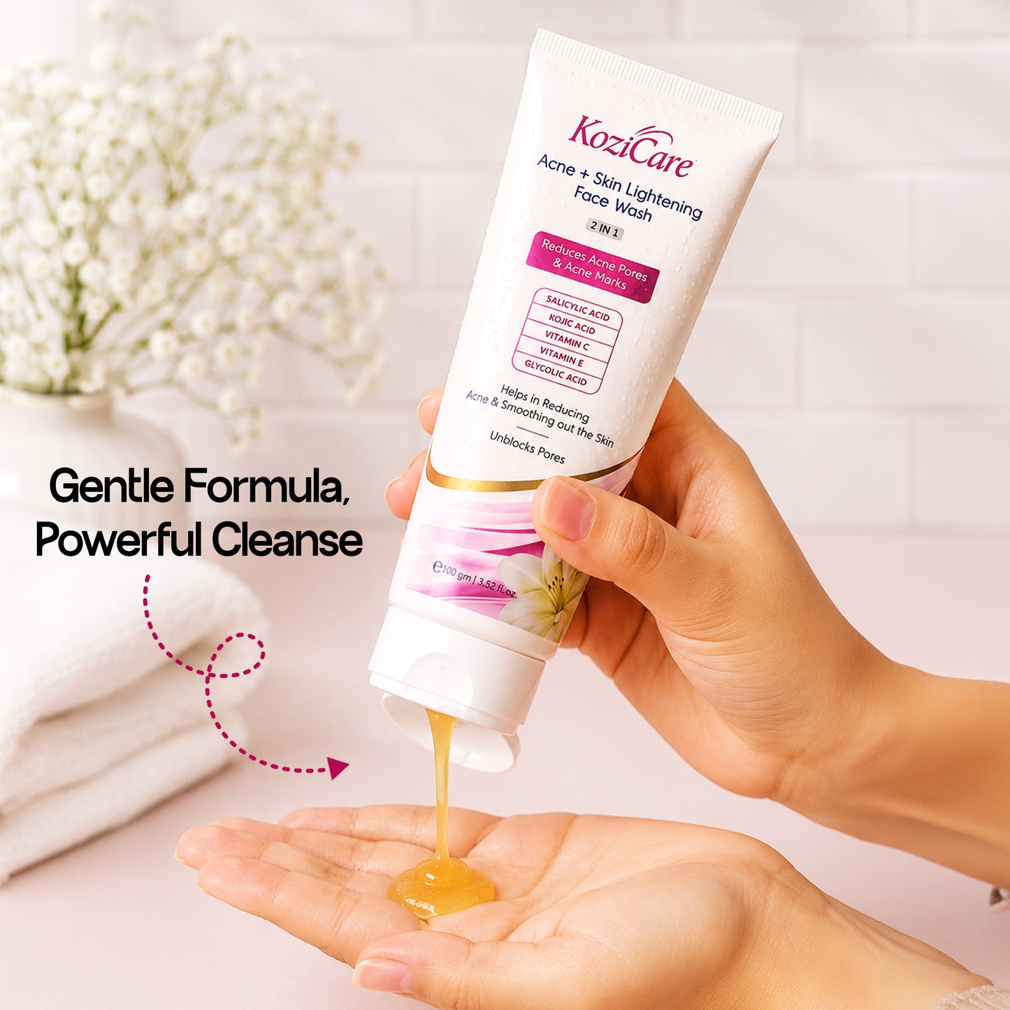 Kozicare Acne + Skin Lightening Face Wash 2 in 1 Enriched with Kojic Acid, 2% Salicylic Acid, Vitamin C & E, Glycolic Acid | Helps in Reducing Acne & Smoothing Out the Skin For All Skin Types– 100ml