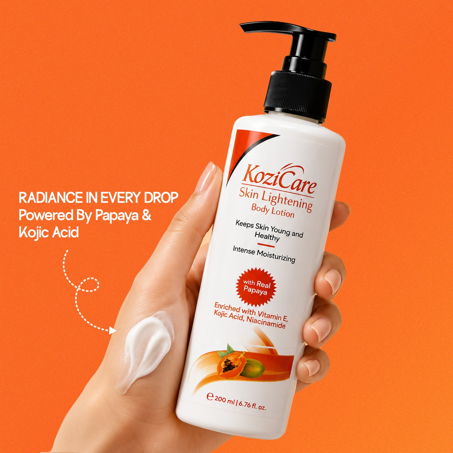 Kozicare Papaya Lightening/Brightening Body Lotion with Papaya, Kojic Acid, Vitamin E, Shea Butter, Niacinamide| Deeply Hydrates and Brightens Skin| For All Skin Types – 200ml