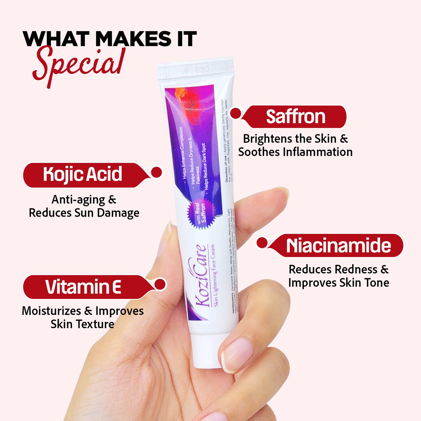 Pack of 3: Kozicare Kojic Acid Cream - Whitening, Non-Greasy | 15g Each | Saffron Scented | For Men & Women