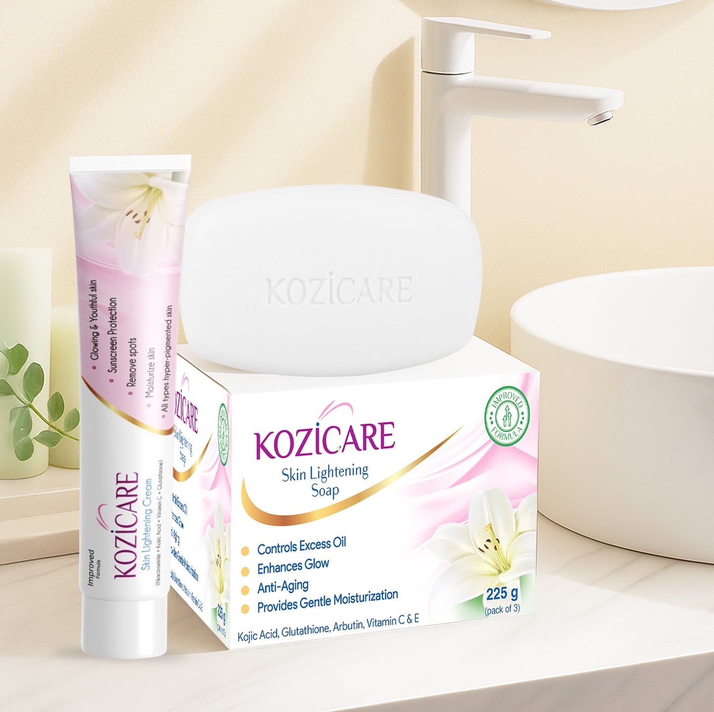Kozicare Skin Lightening Soap with 0.50% Kojic Acid,0.50% Arbutin, 0.50% Vitamin C, 0.50% Vitamin E, 0.30% Glutathione |Sun screen protection |keeps your skin young and moisturised - 75g (Pack of 9)