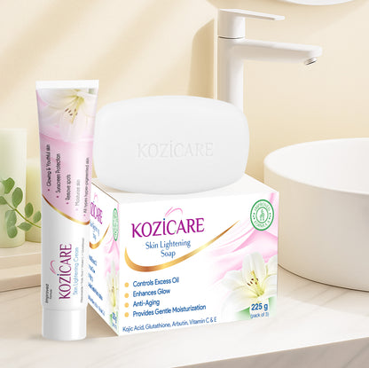 Kozicare Skin Lightening Soap with 0.50% Kojic Acid,0.50% Arbutin, 0.50% Vitamin C, 0.50% Vitamin E, 0.30% Glutathione |Sun screen protection |keeps your skin young and moisturised - 75g (Pack of 9)