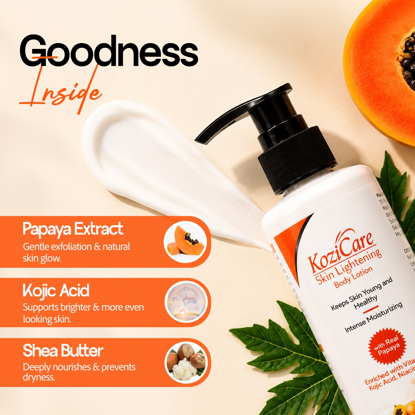Kozicare Papaya Lightening/Brightening Body Lotion with Papaya, Kojic Acid, Vitamin E, Shea Butter, Niacinamide| Deeply Hydrates and Brightens Skin| For All Skin Types – 200ml