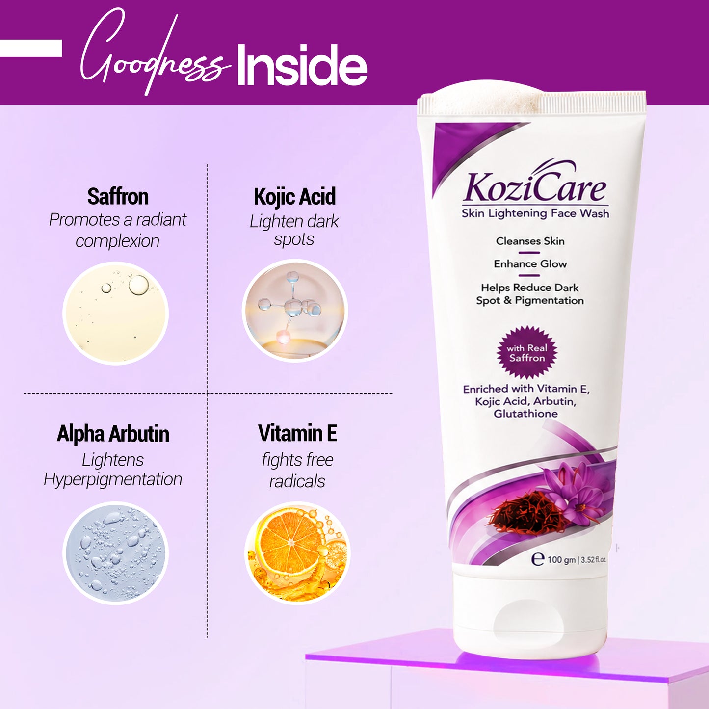 Kozicare Saffron Face Wash | Kojic Acid Face Wash | Skin Whitening Face Wash | Acne Wash for Glowing Skin | Cleanses Skin Enhance Glow | Face Wash for Women & Men | Saffron Face Wash - 100 Ml