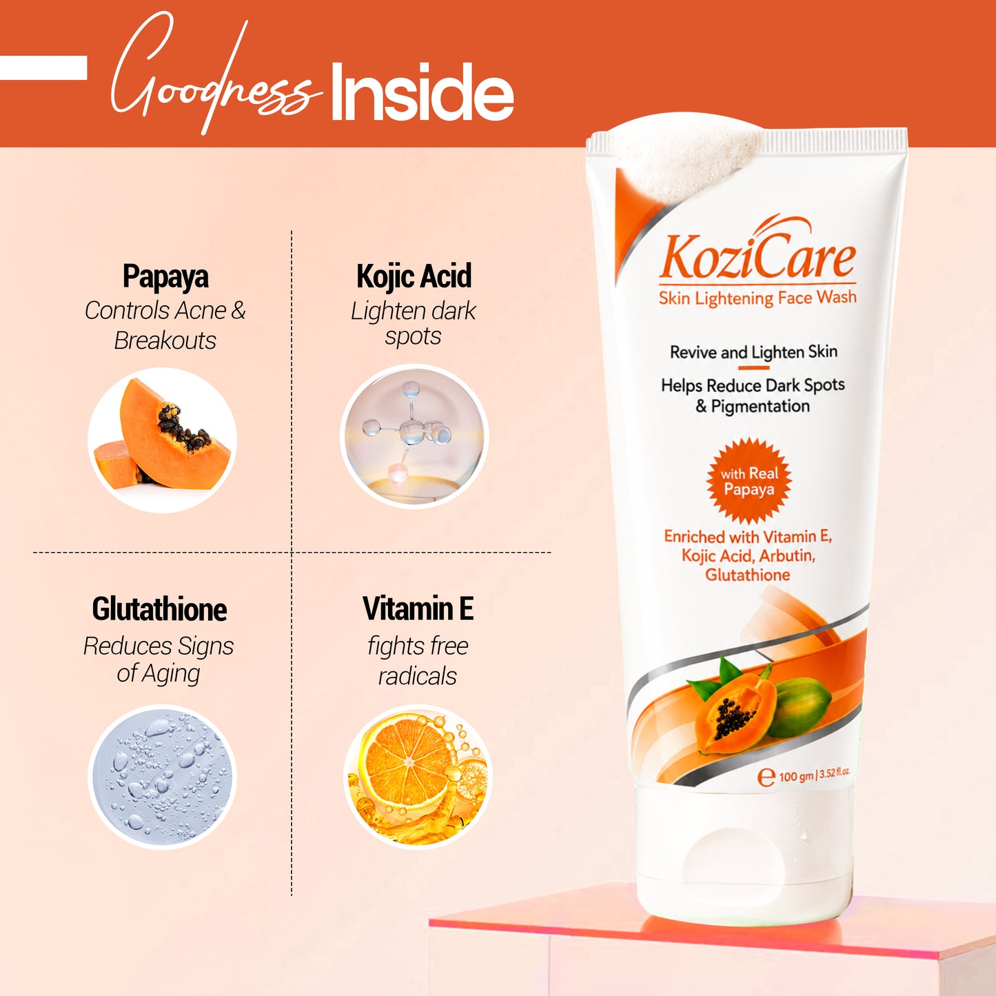 Kozicare Skin Lightening/Brightening Papaya Detan Facewash with Papaya, Kojic Acid, Vitamin E, Glutathione, Lactic Acid, Olive Oil | Reduce Dark Spots, Pigmentation and Oil | All Skin Types - 100ml