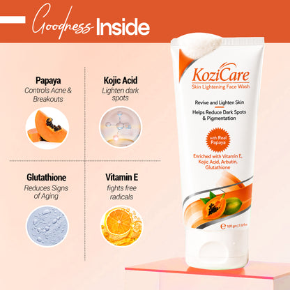 Kozicare Skin Lightening/Brightening Papaya Detan Facewash with Papaya, Kojic Acid, Vitamin E, Glutathione, Lactic Acid, Olive Oil | Reduce Dark Spots, Pigmentation and Oil | All Skin Types - 100ml