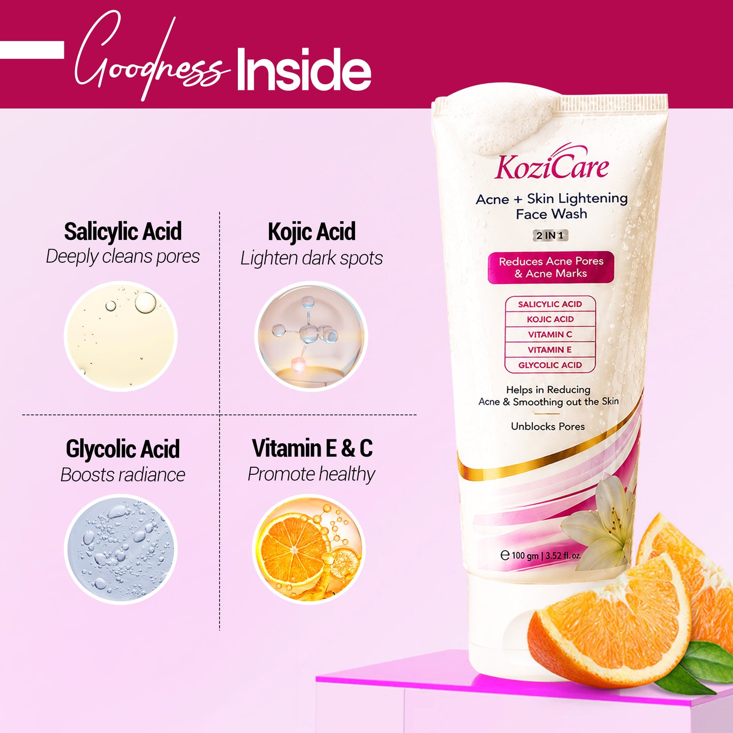 Kozicare Acne + Skin Lightening Face Wash 2 in 1 Enriched with Kojic Acid, 2% Salicylic Acid, Vitamin C & E, Glycolic Acid | Helps in Reducing Acne & Smoothing Out the Skin For All Skin Types– 100ml
