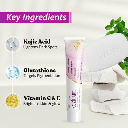 Kozicare Skin Lightening Soap with 0.50% Kojic Acid,0.50% Arbutin, 0.50% Vitamin C, 0.50% Vitamin E, 0.30% Glutathione |Sun screen protection |keeps your skin young and moisturised - 75g (Pack of 9)