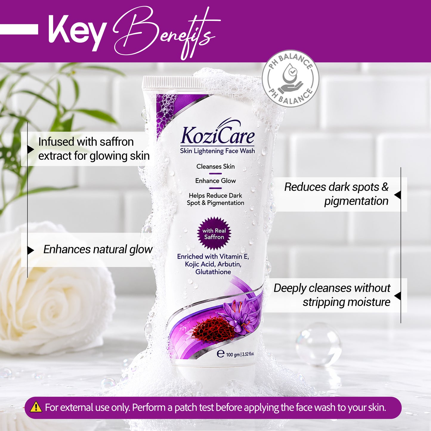 Kozicare Saffron Face Wash | Kojic Acid Face Wash | Skin Whitening Face Wash | Acne Wash for Glowing Skin | Cleanses Skin Enhance Glow | Face Wash for Women & Men | Saffron Face Wash - 100 Ml