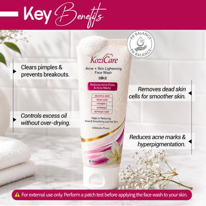 Kozicare Acne + Skin Lightening Face Wash 2 in 1 Enriched with Kojic Acid, 2% Salicylic Acid, Vitamin C & E, Glycolic Acid | Helps in Reducing Acne & Smoothing Out the Skin For All Skin Types– 100ml