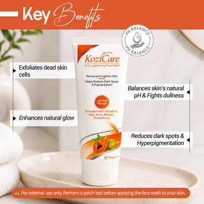 Kozicare Skin Lightening/Brightening Papaya Detan Facewash with Papaya, Kojic Acid, Vitamin E, Glutathione, Lactic Acid, Olive Oil | Reduce Dark Spots, Pigmentation and Oil | All Skin Types - 100ml