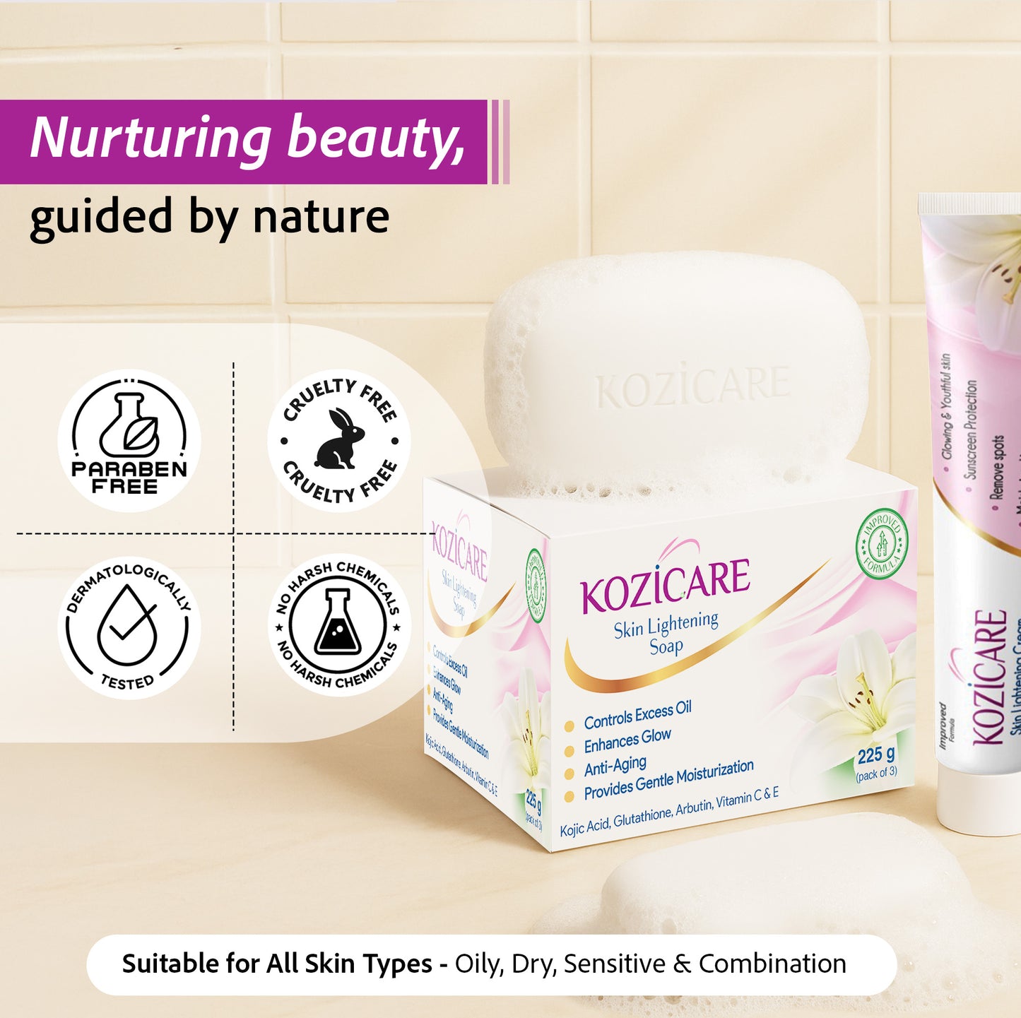 Kozicare Skin Lightening Soap with 0.50% Kojic Acid,0.50% Arbutin, 0.50% Vitamin C, 0.50% Vitamin E, 0.30% Glutathione |Sun screen protection |keeps your skin young and moisturised - 75g (Pack of 9)