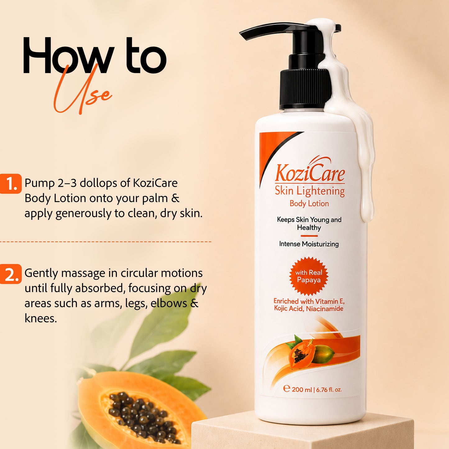 Kozicare Papaya Lightening/Brightening Body Lotion with Papaya, Kojic Acid, Vitamin E, Shea Butter, Niacinamide| Deeply Hydrates and Brightens Skin| For All Skin Types – 200ml
