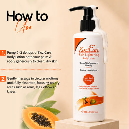 Kozicare Papaya Lightening/Brightening Body Lotion with Papaya, Kojic Acid, Vitamin E, Shea Butter, Niacinamide| Deeply Hydrates and Brightens Skin| For All Skin Types – 200ml