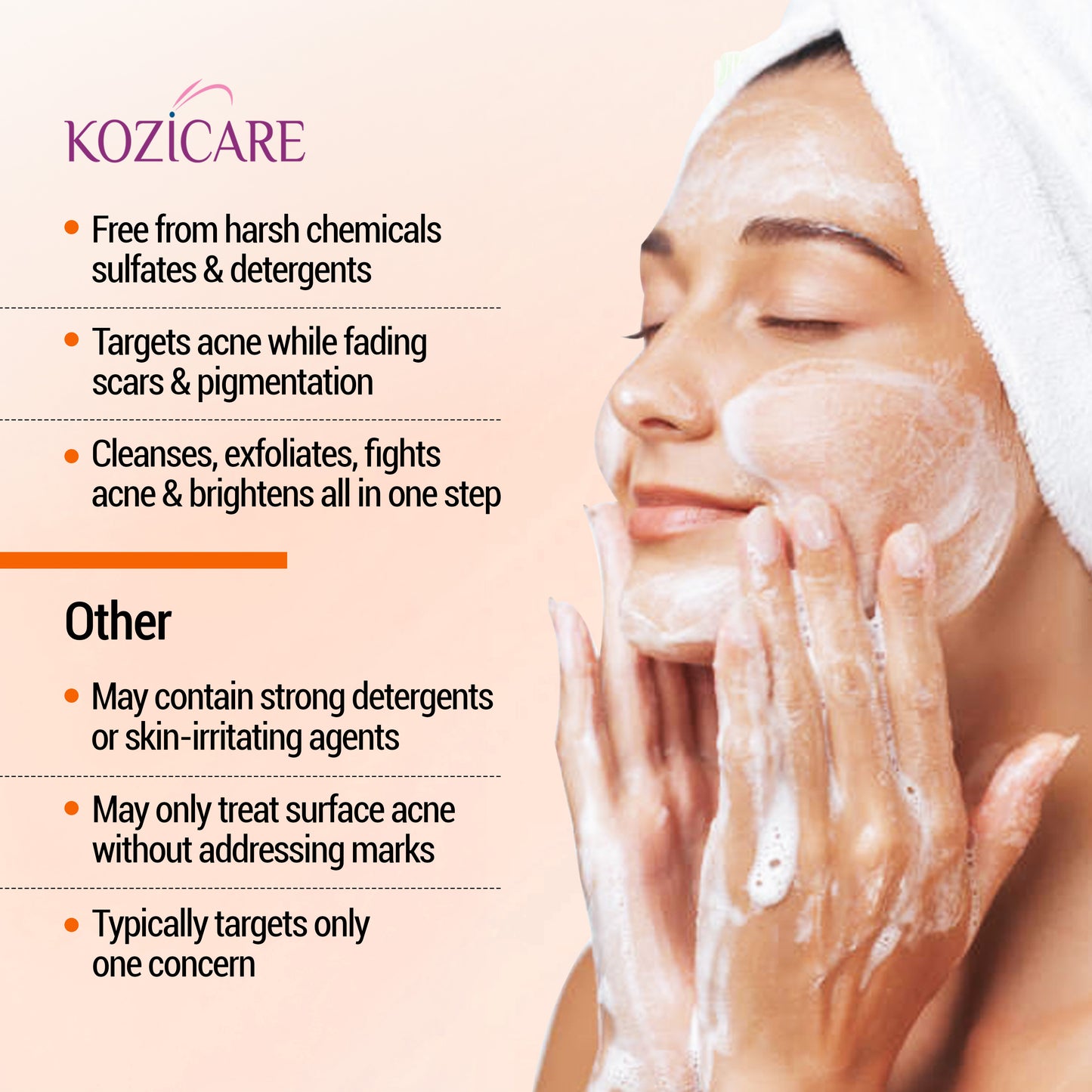 Kozicare Skin Lightening/Brightening Papaya Detan Facewash with Papaya, Kojic Acid, Vitamin E, Glutathione, Lactic Acid, Olive Oil | Reduce Dark Spots, Pigmentation and Oil | All Skin Types - 100ml