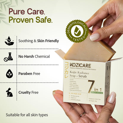 Kozicare Kojic Radiance Soap + Scrub | 7-in-1 Magic Soap Bar with 2% Kojic Acid, 1% Niacinamide & Vitamin C for De-Tan & Anti-Pigmentation | Exfoliating Face & Body Soap Bar | Fades Dark Spot | 120g