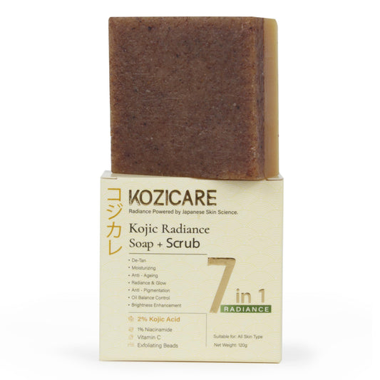 Kozicare Kojic Radiance Soap + Scrub | 7-in-1 Magic Soap Bar with 2% Kojic Acid, 1% Niacinamide & Vitamin C for De-Tan & Anti-Pigmentation | Exfoliating Face & Body Soap Bar | Fades Dark Spot | 120g