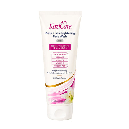 Kozicare Acne + Skin Lightening Face Wash 2 in 1 Enriched with Kojic Acid, 2% Salicylic Acid, Vitamin C & E, Glycolic Acid | Helps in Reducing Acne & Smoothing Out the Skin For All Skin Types– 100ml