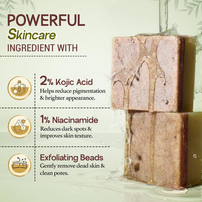 Kozicare Kojic Radiance Soap + Scrub | 7-in-1 Magic Soap Bar with 2% Kojic Acid, 1% Niacinamide & Vitamin C for De-Tan & Anti-Pigmentation | Exfoliating Face & Body Soap Bar | Fades Dark Spot | 120g