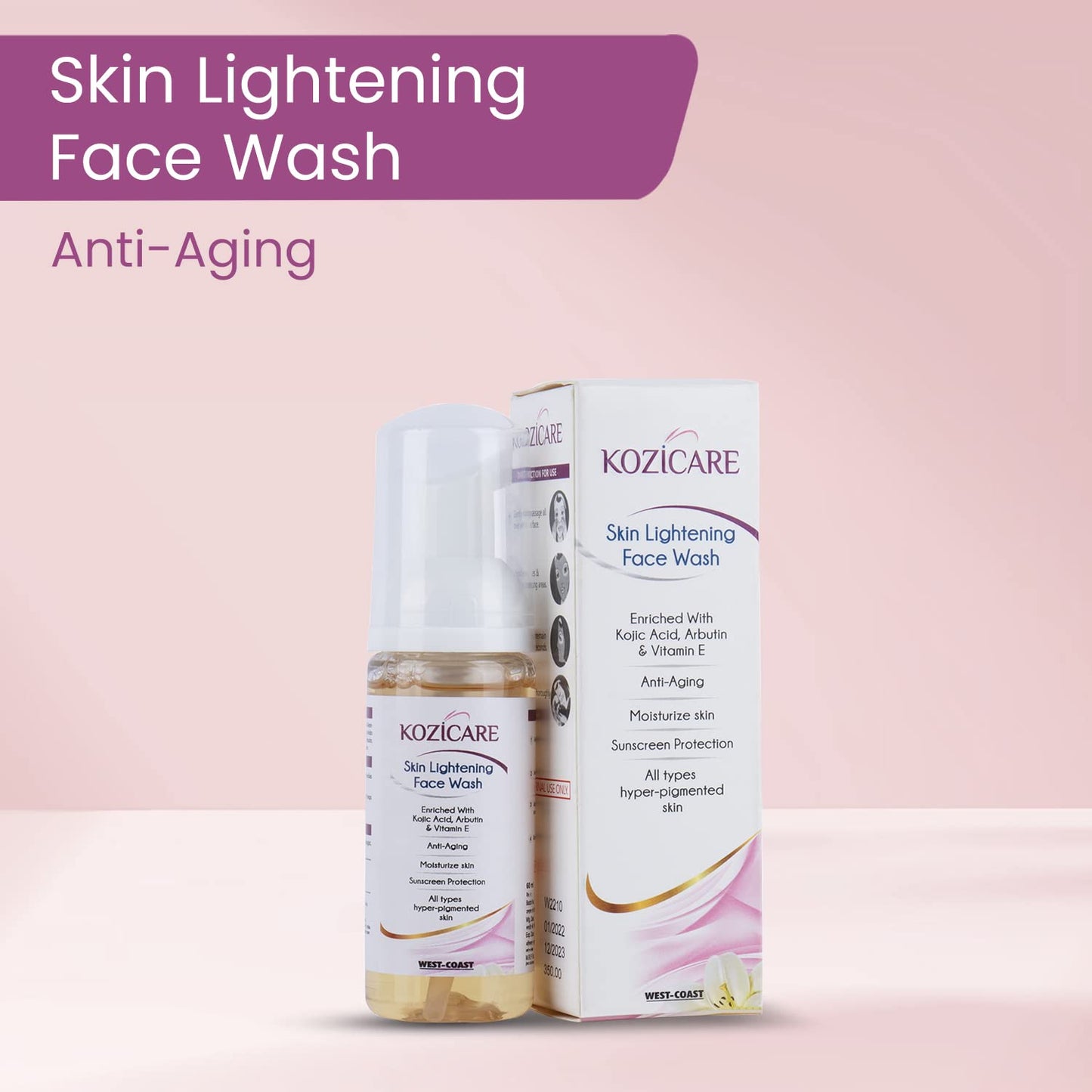 Kozicare Skin Lightening Facewash Enriched with 1% Kojic acid, 1% Arbutin, 1% Vitamin E, 1% Glutathione | Helps in Anti-Aging, Moisturize Skin| For All Skin Types - 60ml (Pack of 10)