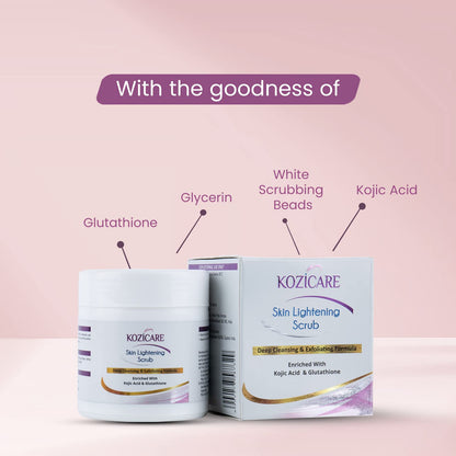 Kozicare Skin Lightening Scrub for Deep Cleansing & Exfoliating Formula | Enriched with 2% Kojic acid, 1% Glutathione| Helps in Cleaning Impurities, Cleanses Dirt, Blackheads - 100gm (Pack of 10)