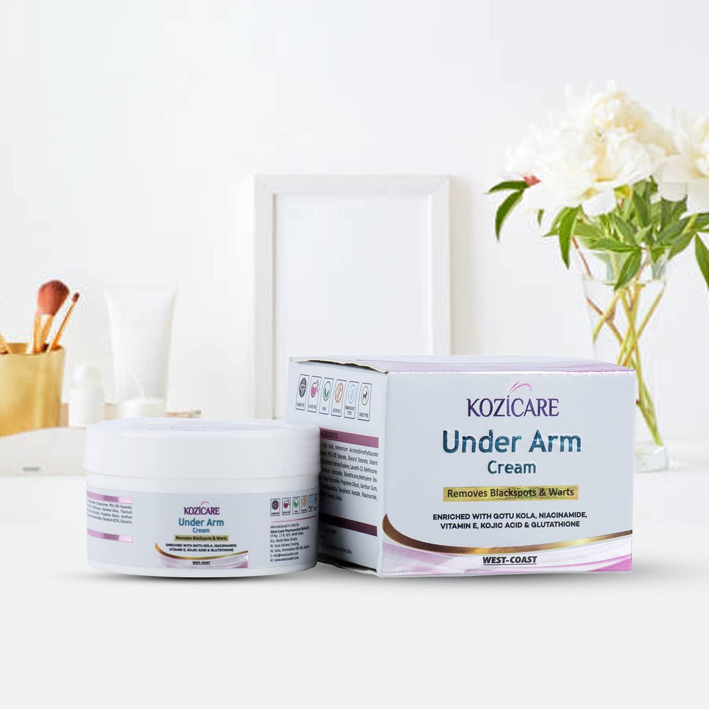 Kozicare Under Arm Cream with 1% Gotu Kola,0.01% Glutathione, 1% Niacinamide,0.01% Kojic Acid For Remove Black Spots & Warts - 50gm (Pack of 5)