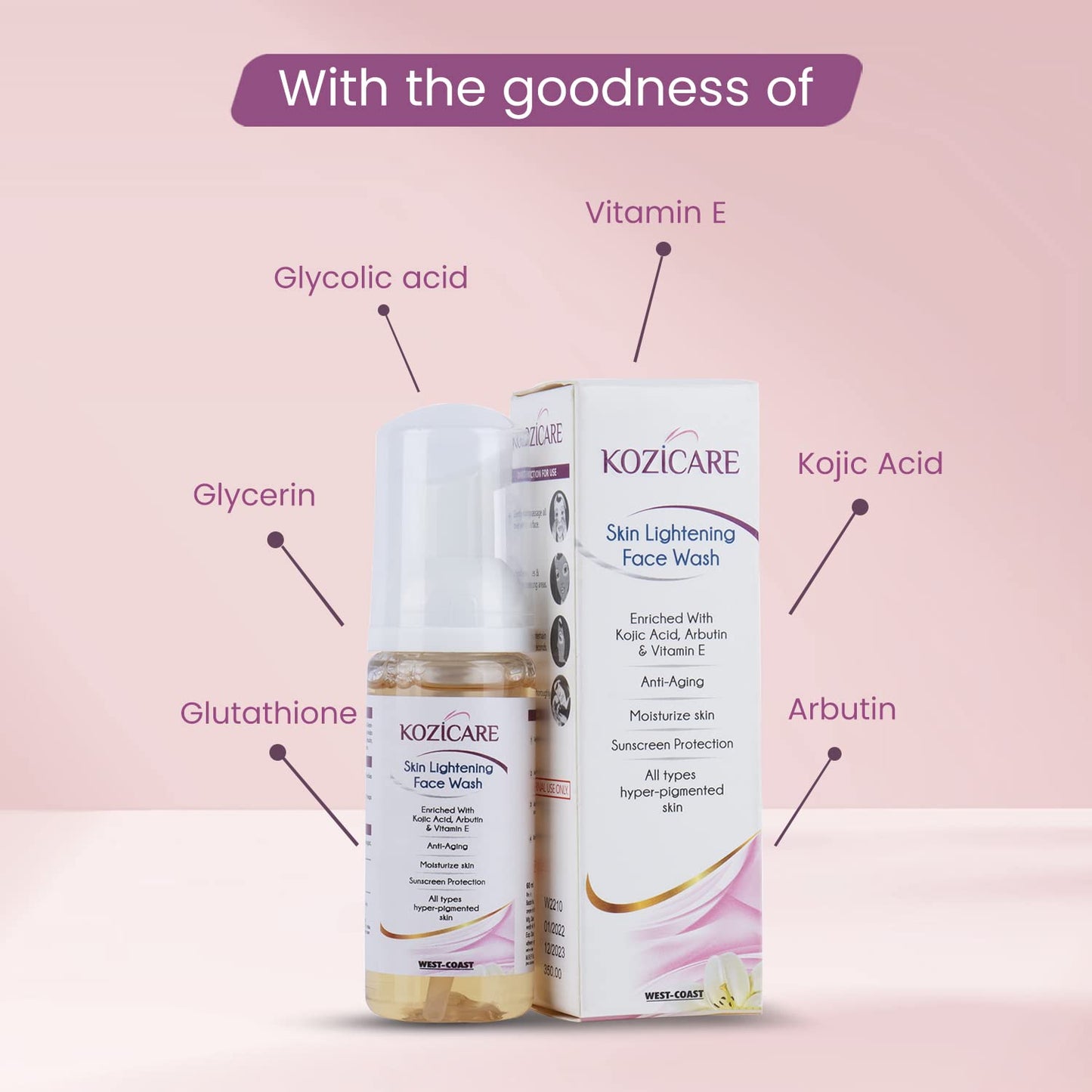 Kozicare Skin Lightening Facewash Enriched with 1% Kojic acid, 1% Arbutin, 1% Vitamin E, 1% Glutathione | Helps in Anti-Aging, Moisturize Skin| For All Skin Types - 60ml (Pack of 5)