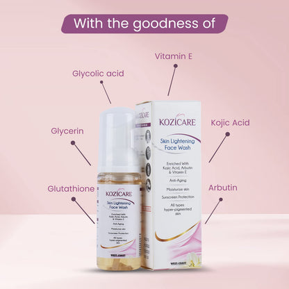Kozicare Skin Lightening Facewash Enriched with 1% Kojic acid, 1% Arbutin, 1% Vitamin E, 1% Glutathione | Helps in Anti-Aging, Moisturize Skin| For All Skin Types - 60ml (Pack of 5)