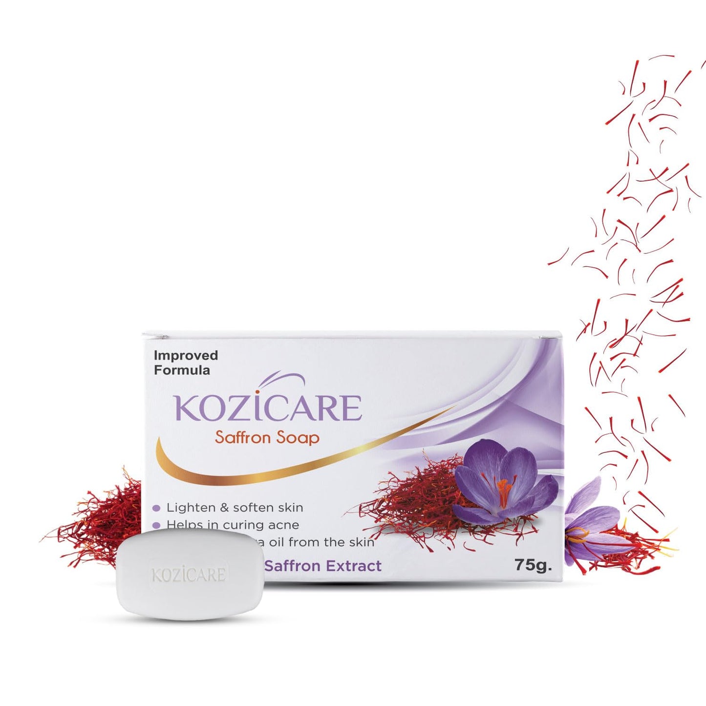 Kozicare Saffron Soap | Skin Brightening & Dark Spot Remover | Real Saffron, Olive Oil, and Kojic Acid Formula | For Face & Body | Smooth, Acne, Scars, Uneven Skin Tone | -75gm (Pack of 6)