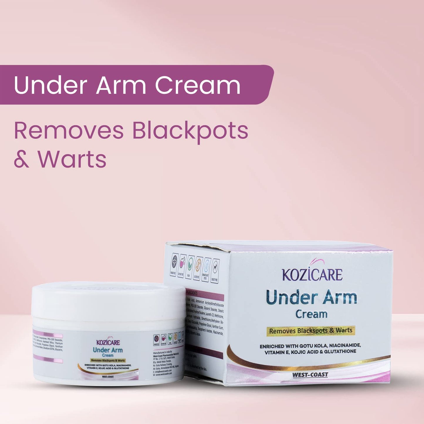 Kozicare Under Arm Cream with 1% Gotu Kola,0.01% Glutathione, 1% Niacinamide,0.01% Kojic Acid For Remove Black Spots & Warts - 50gm (Pack of 10)